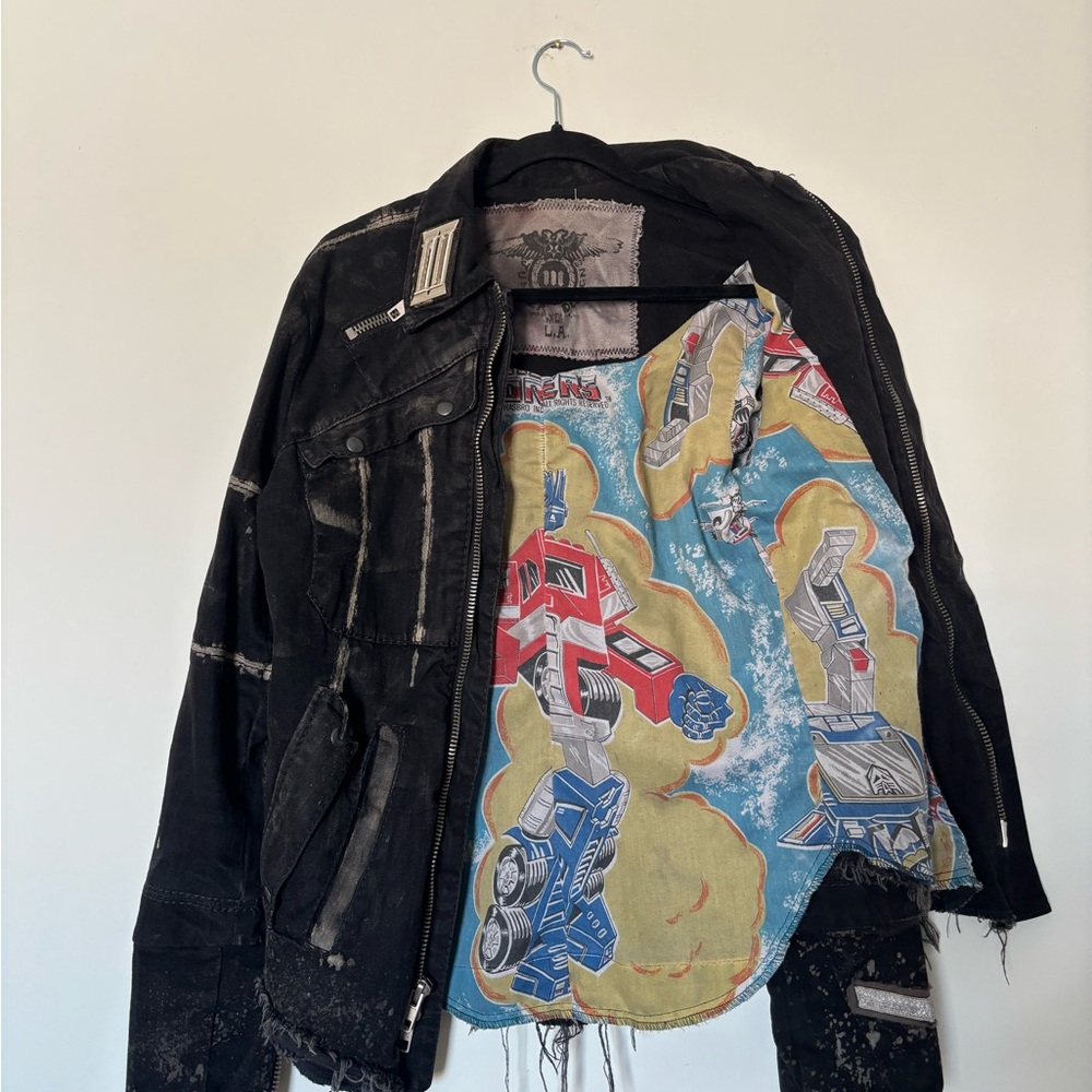 Junker designs  Black Distressed Bomber Jacket with Graphic Lining